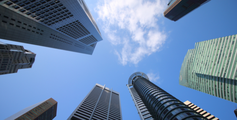 A cityscape from below